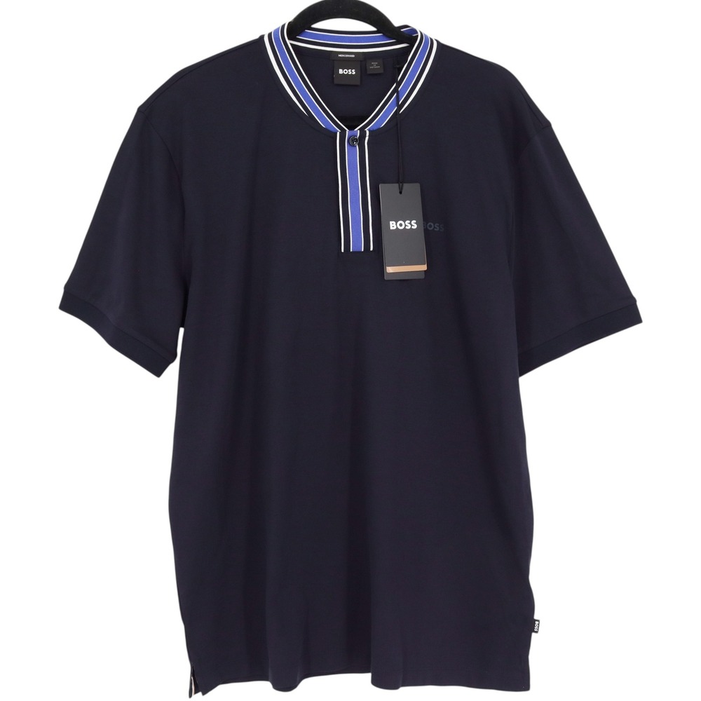 BOSS Interlock Cotton Striped Henley Shirt XL Navy Blue Mercerized Cotton NWT